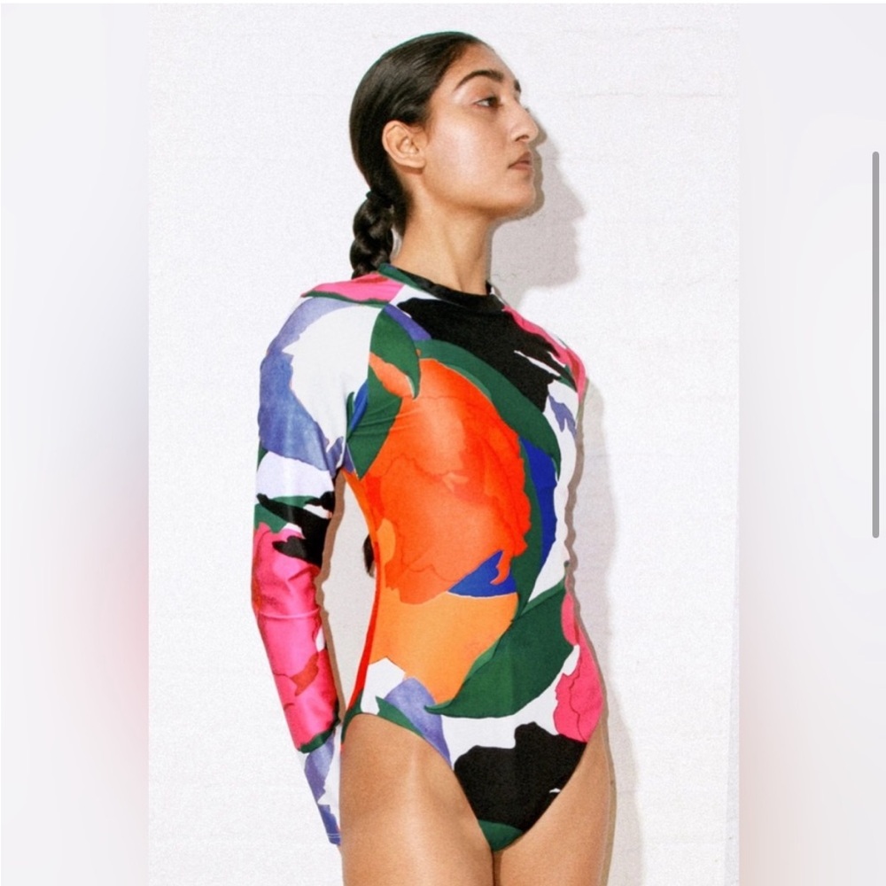 Mara Hoffman Reese Rashguard Swimsuit Lined Zip Back Paloma Print Swim One Piece